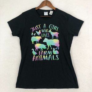 Port & Co Women's Size Medium Black Just A Girl Who Loves Farm Animals T-Shirt